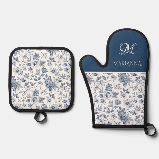 Blue Floral Pattern & Name Personalized  Oven Mitt & Pot Holder Set (Front)