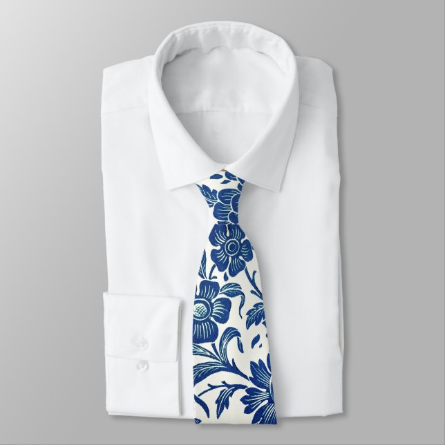 Blue Floral Pattern Neck Tie (Tied)