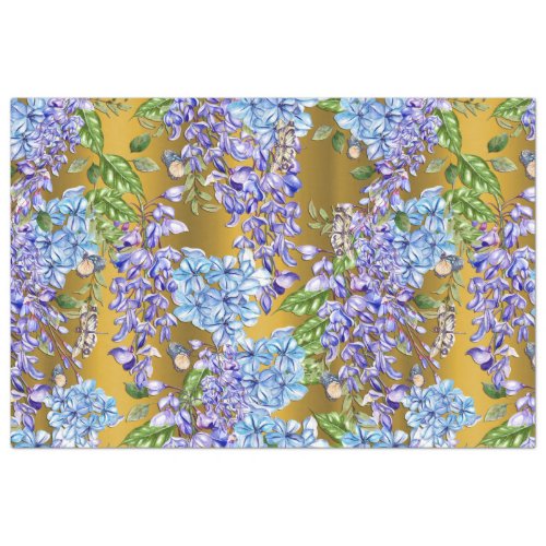 Blue Floral Pattern on Gold Tissue Paper