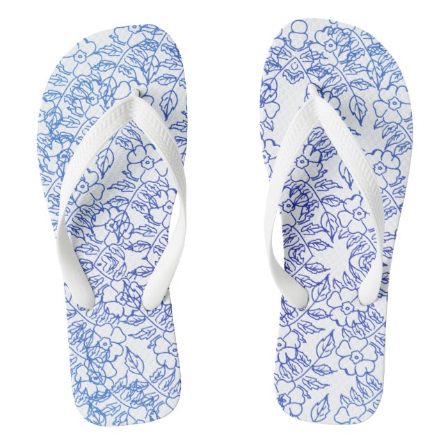 blue floral pattern on white  flip flops (Footbed)