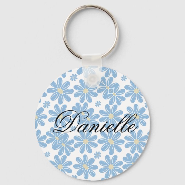 Blue Floral Pattern - Personalized Keychain (Front)