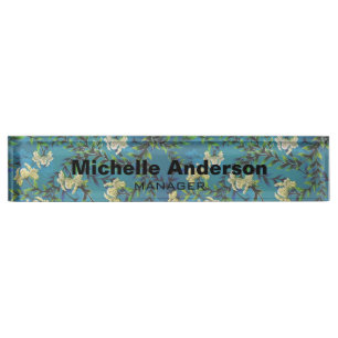 Blue Floral Pattern Professional Manager Modern Desk Name Plate