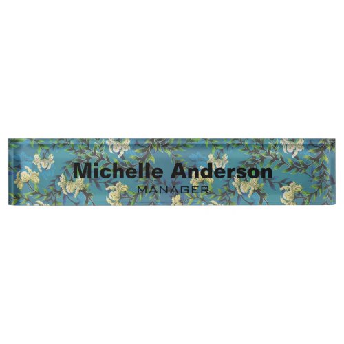 Blue Floral Pattern Professional Manager Modern Desk Name Plate