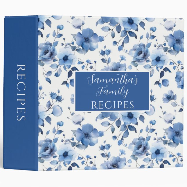 Blue Floral Pattern Recipe  3 Ring Binder (Front/Spine)