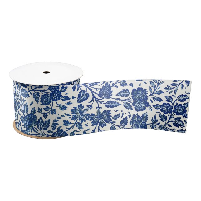 Blue Floral Pattern Satin Ribbon (Spool)
