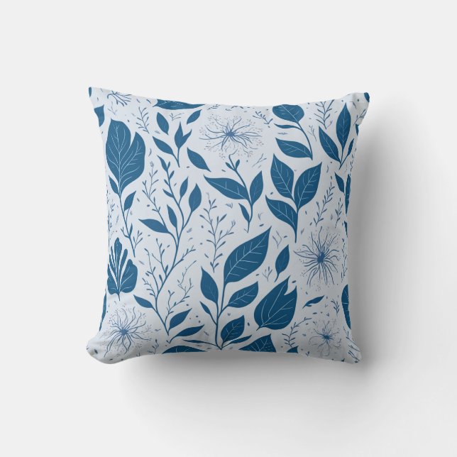 Blue Floral Pattern Throw Pillow Flowers (Front)