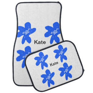 Blue floral pattern watercolor add name text car floor mat