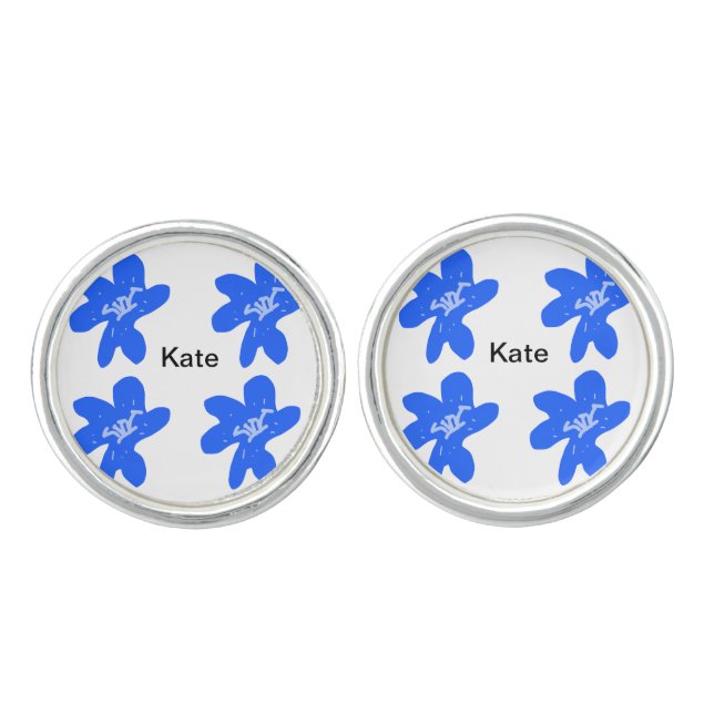 Blue floral pattern watercolor add name text cufflinks (Front)
