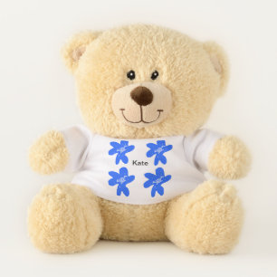 Blue floral pattern watercolor add name text teddy bear