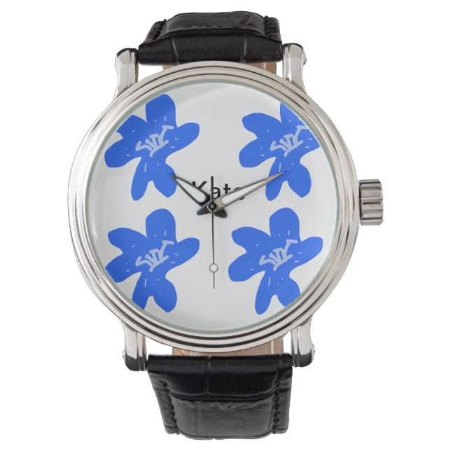 Blue floral pattern watercolor add name text watch (Front)
