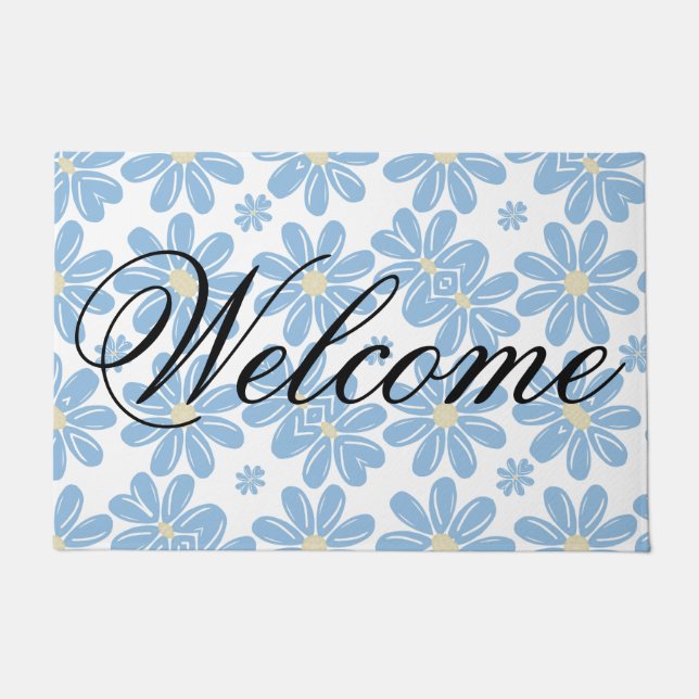 Blue Floral Pattern - Welcome Door Mat (Front)