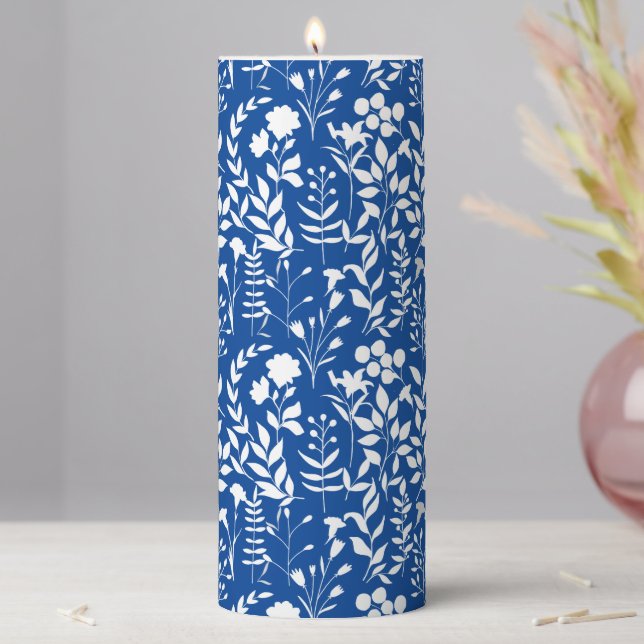 Blue Floral pattern, white option Pillar Candle (In Situ)