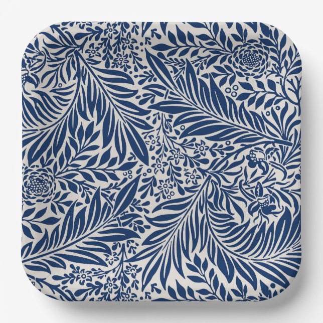 blue floral pattern with diverse leaves & blossoms paper plates (Front)