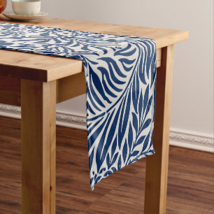 blue floral pattern with diverse leaves & blossoms short table runner