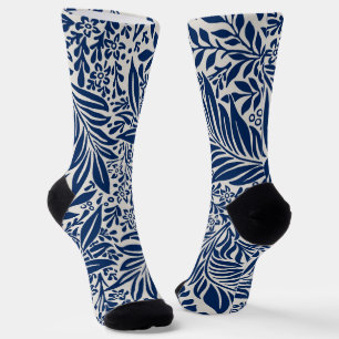 blue floral pattern with diverse leaves & blossoms socks