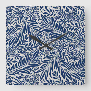 blue floral pattern with diverse leaves & blossoms square wall clock