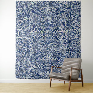 blue floral pattern with diverse leaves & blossoms tapestry