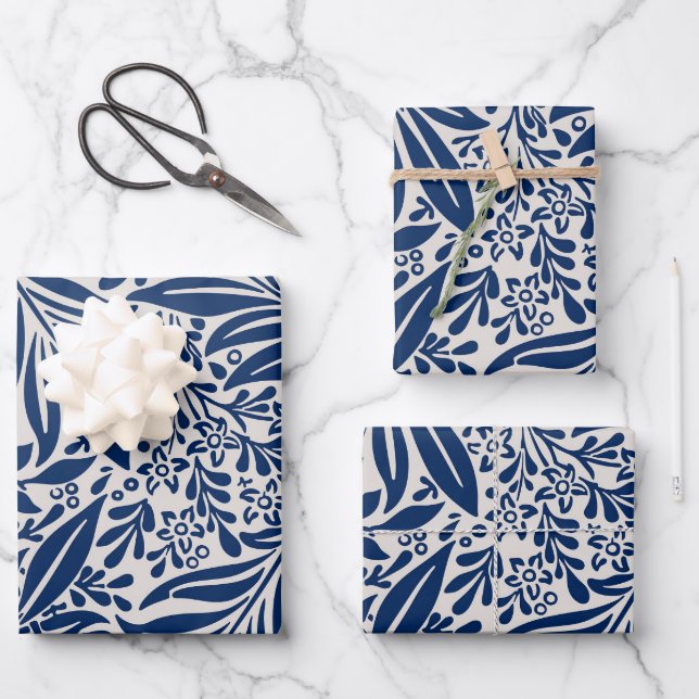 blue floral pattern with diverse leaves & blossoms wrapping paper sheets (Front)
