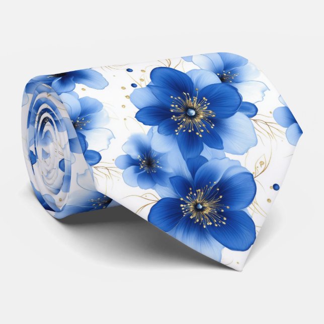 Blue Floral Pattern with Gold Accents Neck Tie (Rolled)