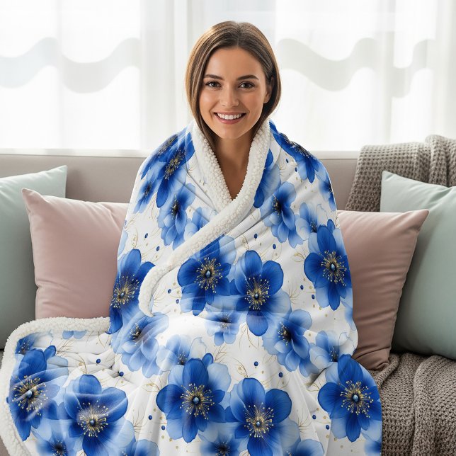 Blue Floral Pattern with Gold Accents Sherpa Blanket (Creator Uploaded)