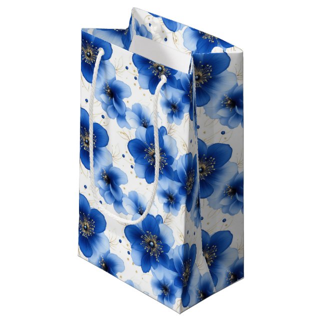 Blue Floral Pattern with Gold Accents Small Gift Bag (Front Angled)