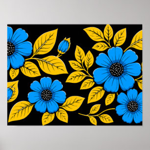 Blue Floral Pattern with Golden Leaves Poster