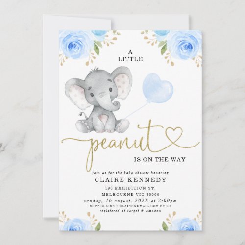 Blue Floral Peanut Elephant Baby Shower Invitation