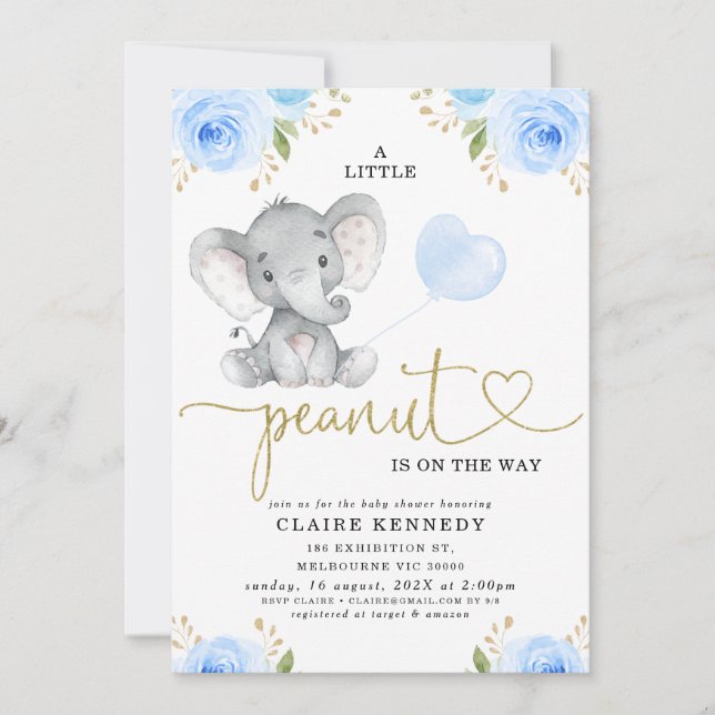 Blue Floral Peanut Elephant Baby Shower Invitation (Front)