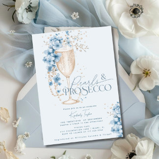 Blue Floral Pearls & Prosecco Bridal Shower Invitation
