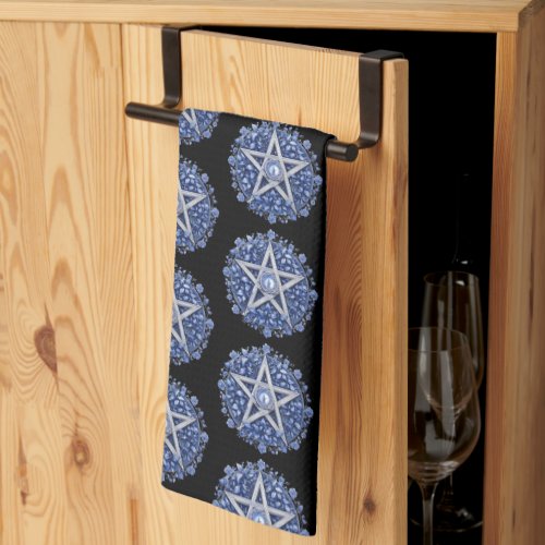 Blue Floral Pentagram Witch Black Halloween Kitchen Towel