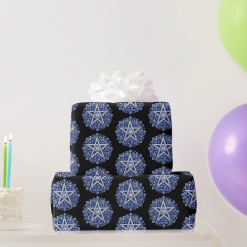 Blue Floral Pentagram Witch Black Halloween Wrapping Paper