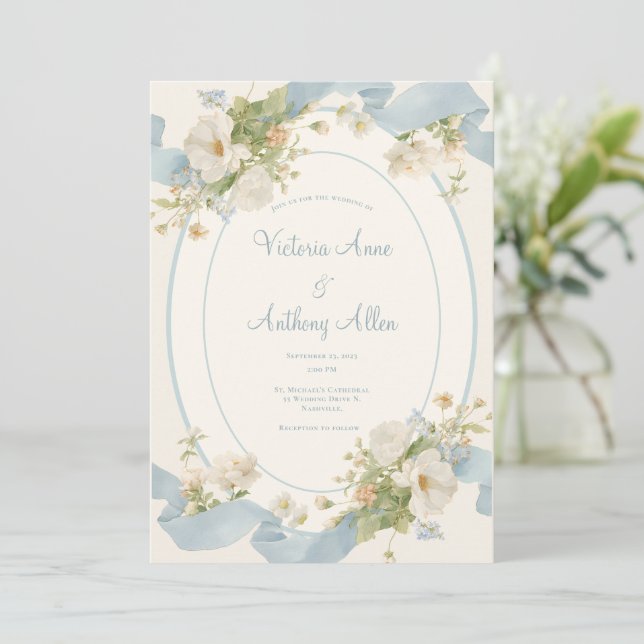 Blue Floral Peonies Romantic Elegant Wedding Invitation (Standing Front)