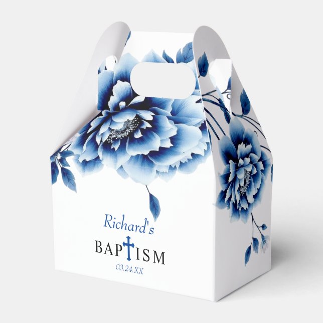 Blue floral peony flowers boy baptism Thank You  Favor Boxes (Front Side)