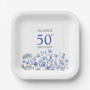 Blue Floral Personalized 50th Birthday Paper Plates