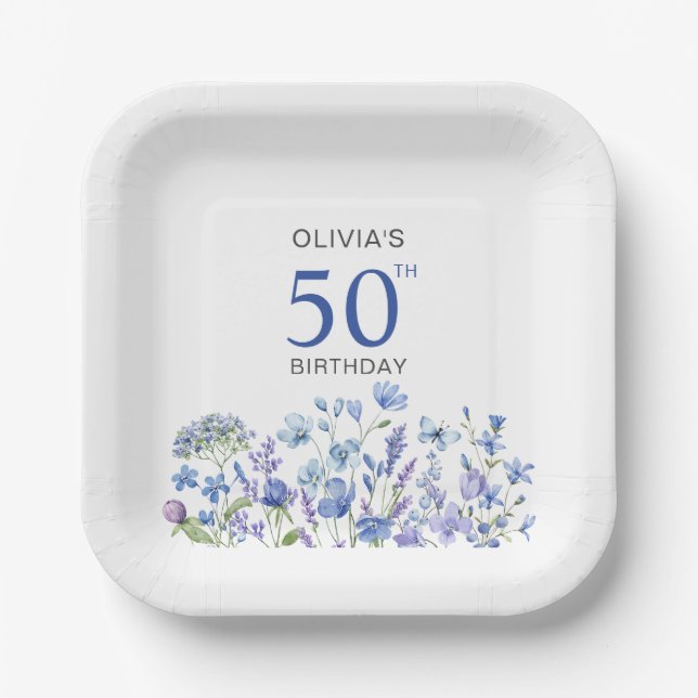 Blue Floral Personalized 50th Birthday Paper Plates (Front)