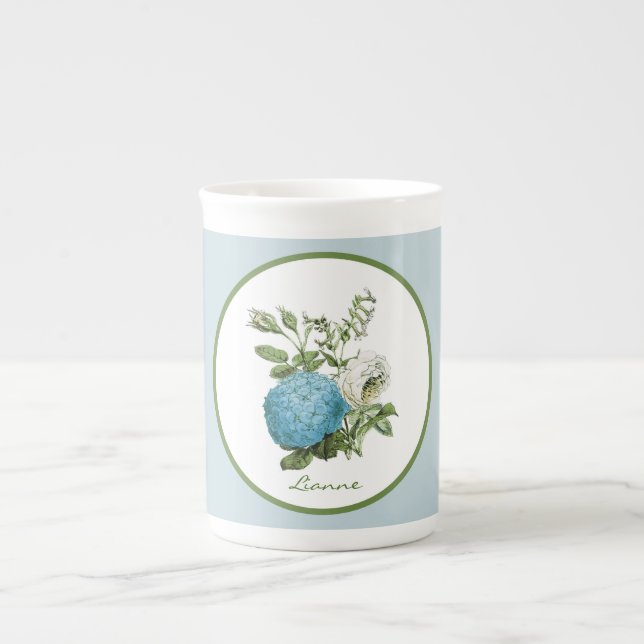 Blue Floral Personalized Bone China Mug (Front)