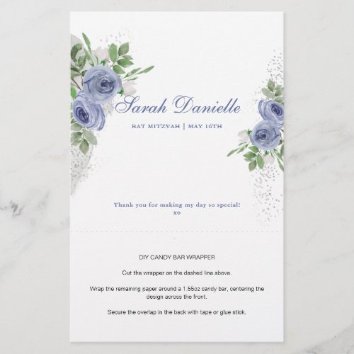 Blue Floral Personalized Candy Bar Wrapper