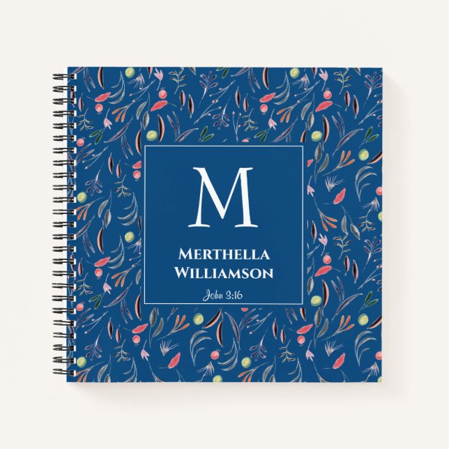Blue | Floral Personalized | Elegant MONOGRAM Notebook (Front)