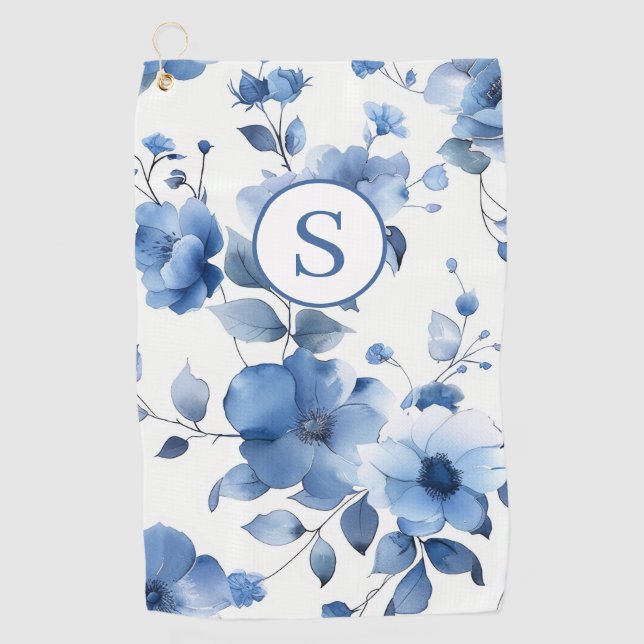 Blue Floral Personalized  Golf Towel (Front)