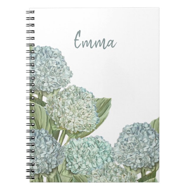Blue Floral Personalized Hydrangea  Notebook (Front)