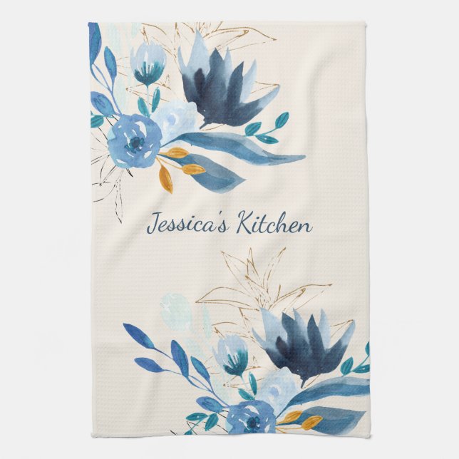 Blue Floral Personalized Kitchen Decor Kitchen Towel (Vertical)