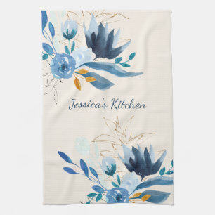 Blue Floral Personalized Kitchen Decor Towel
