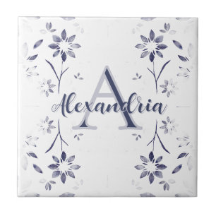 Blue Floral Personalized Monogram Name Ceramic Tile