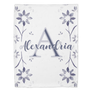 Blue Floral Personalized Monogram Name Duvet Cover
