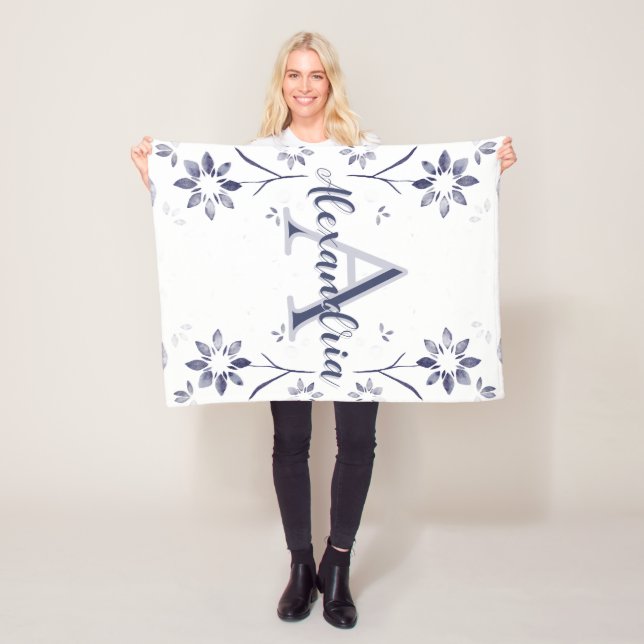 Blue Floral Personalized Monogram Name Fleece Blanket (In Situ)