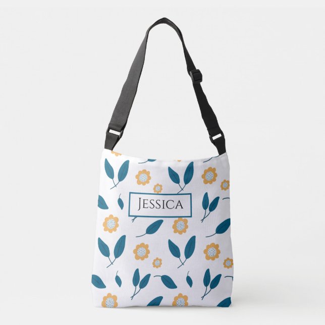 Blue Floral Personalized Name  Crossbody Bag (Front)
