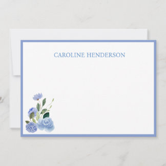 Blue Floral Personalized Name Flat Note Card