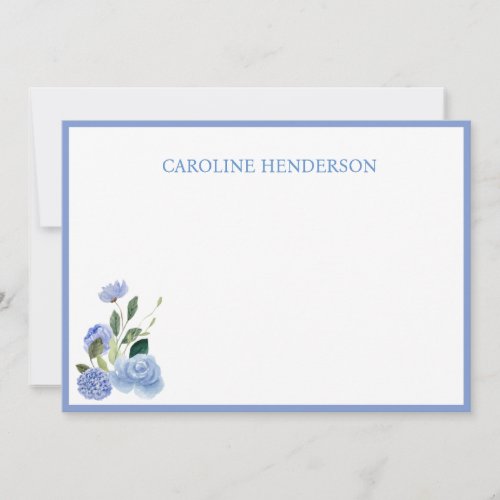 Blue Floral Personalized Name Flat Note Card