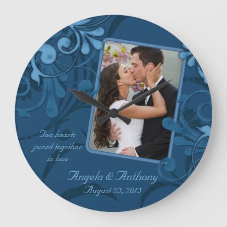 Blue Floral Personalized Photo Template Large Clock