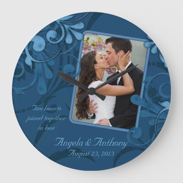 Blue Floral Personalized Photo Template Large Clock (Front)